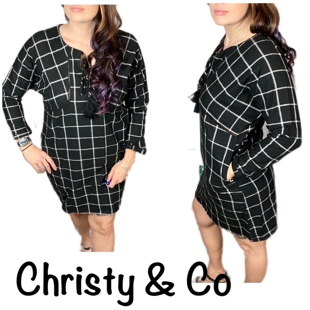 Black white plaid tunic dress tie long sleeve